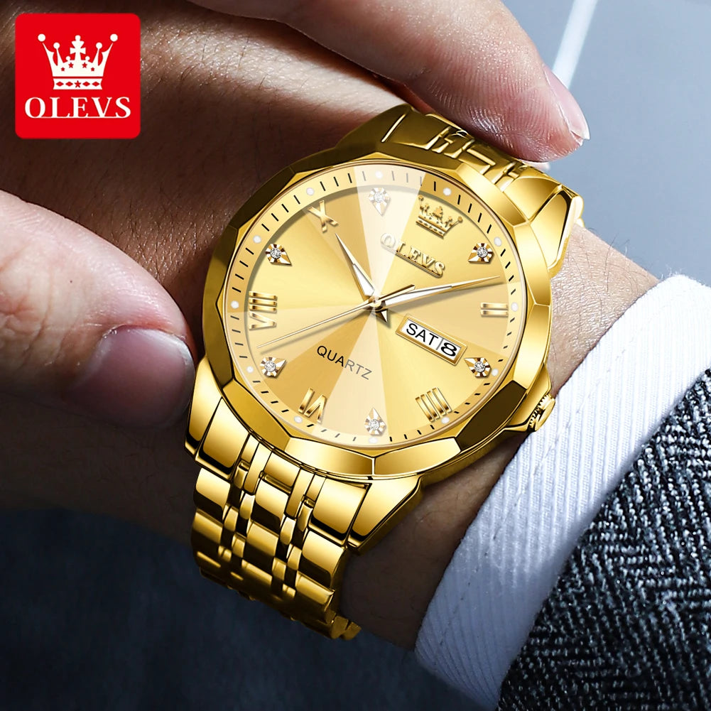 OLEVS Men's Luxury Gold Stainless Steel Quartz Watch