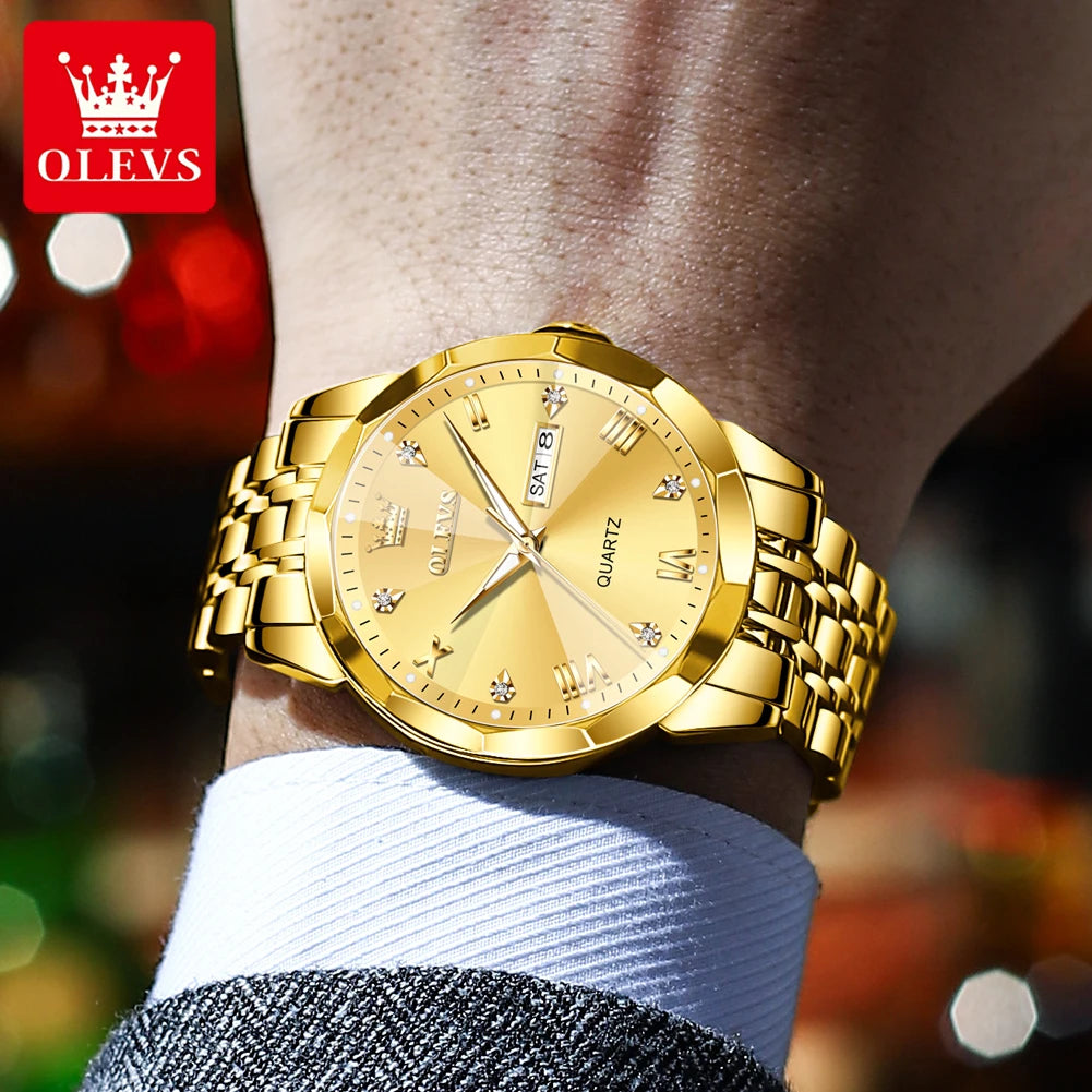OLEVS Men's Luxury Gold Stainless Steel Quartz Watch
