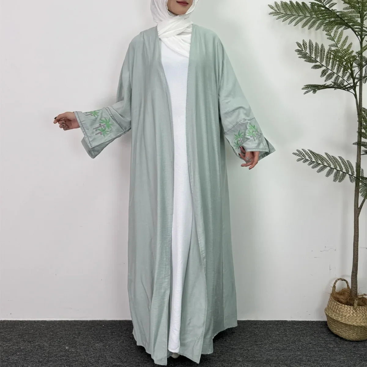 Muslim Embroidered Open Abaya Long Sleeve Cardigan Kaftan for Women