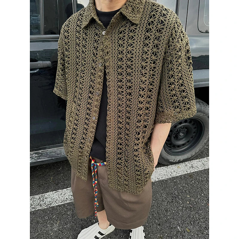 Army Green Hollow-Out Knit Shirt