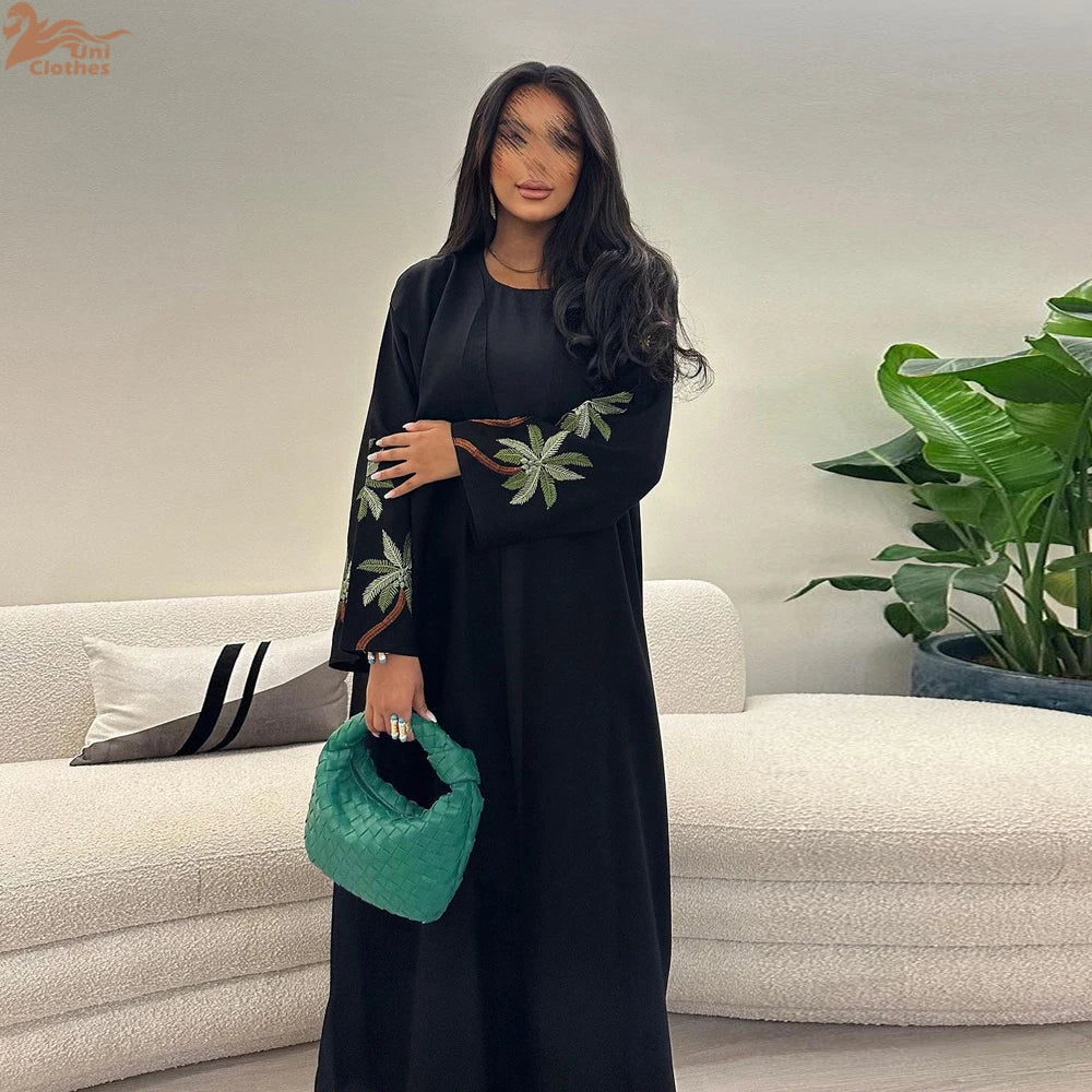 Black Embroidered Open Abaya for Women