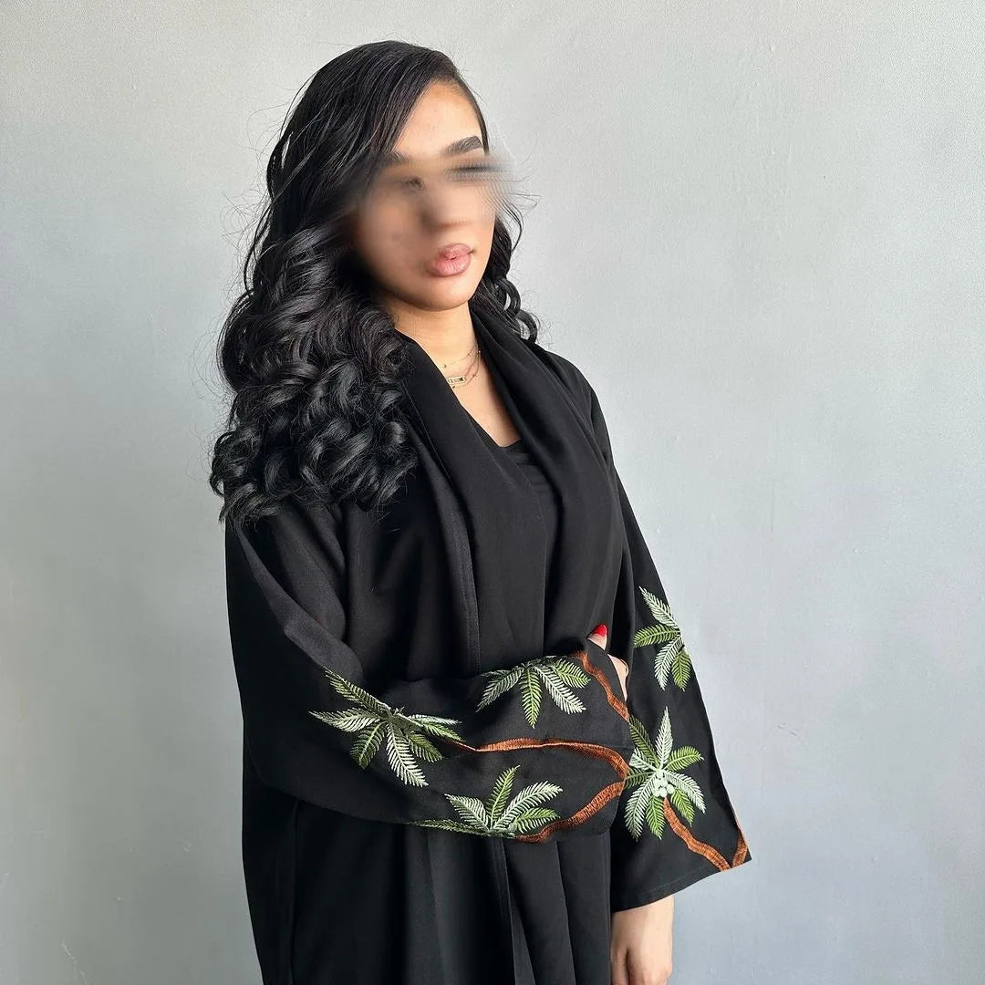 Black Embroidered Open Abaya for Women