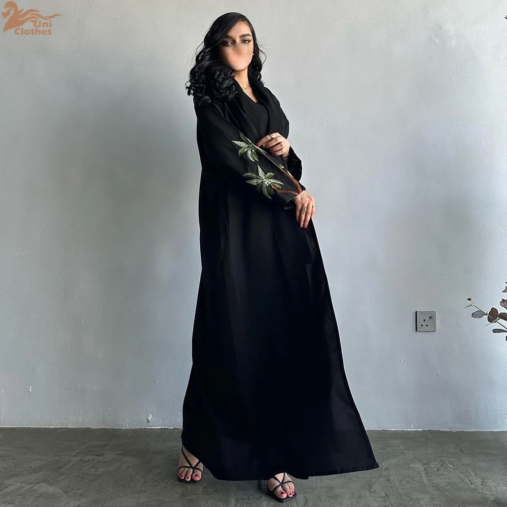 Black Embroidered Open Abaya for Women