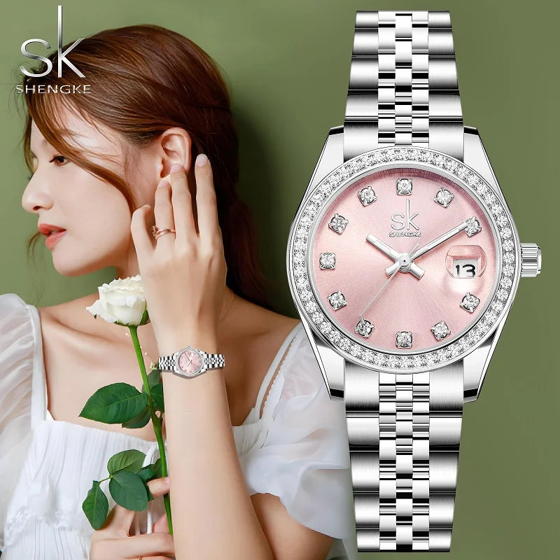 Shengke Luxury Women's Quartz Watch Stainless Steel Fashion Wristwatch