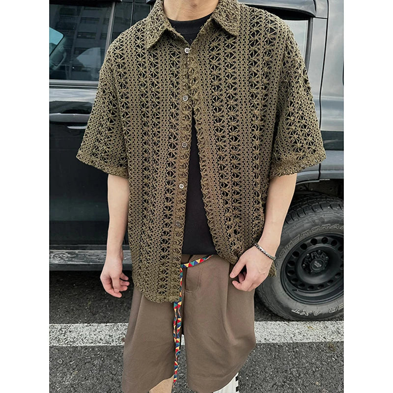 Army Green Hollow-Out Knit Shirt