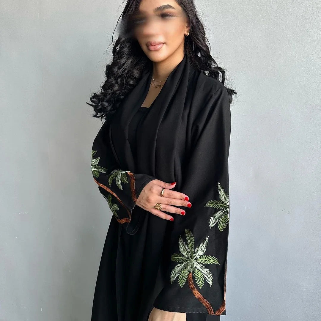 Black Embroidered Open Abaya for Women