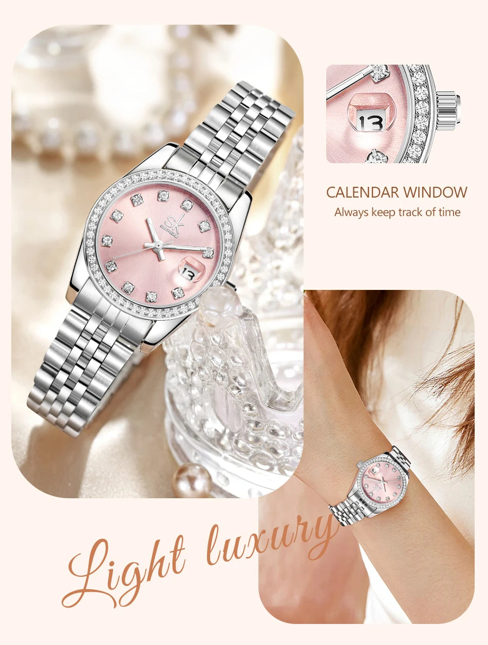 Shengke Luxury Women's Quartz Watch Stainless Steel Fashion Wristwatch