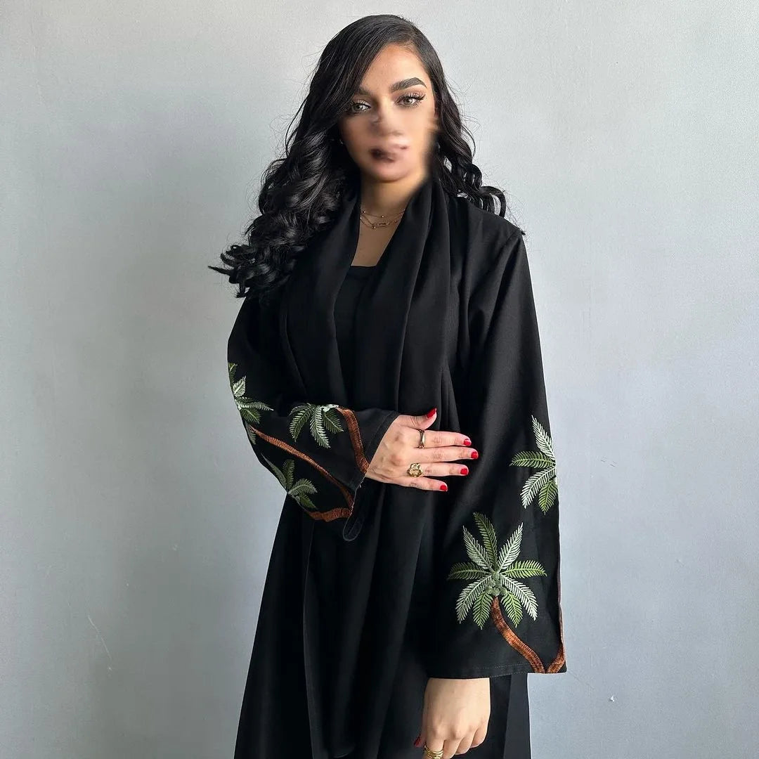 Black Embroidered Open Abaya for Women