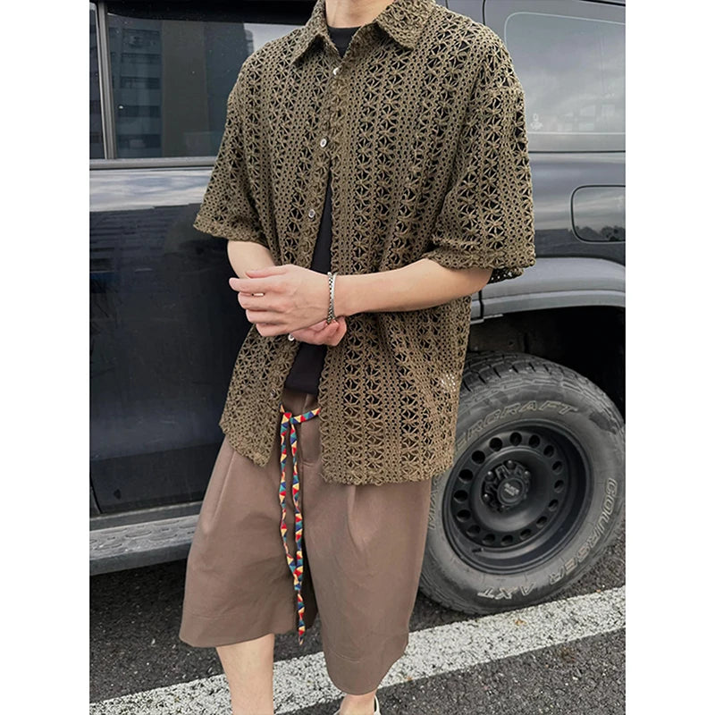 Army Green Hollow-Out Knit Shirt