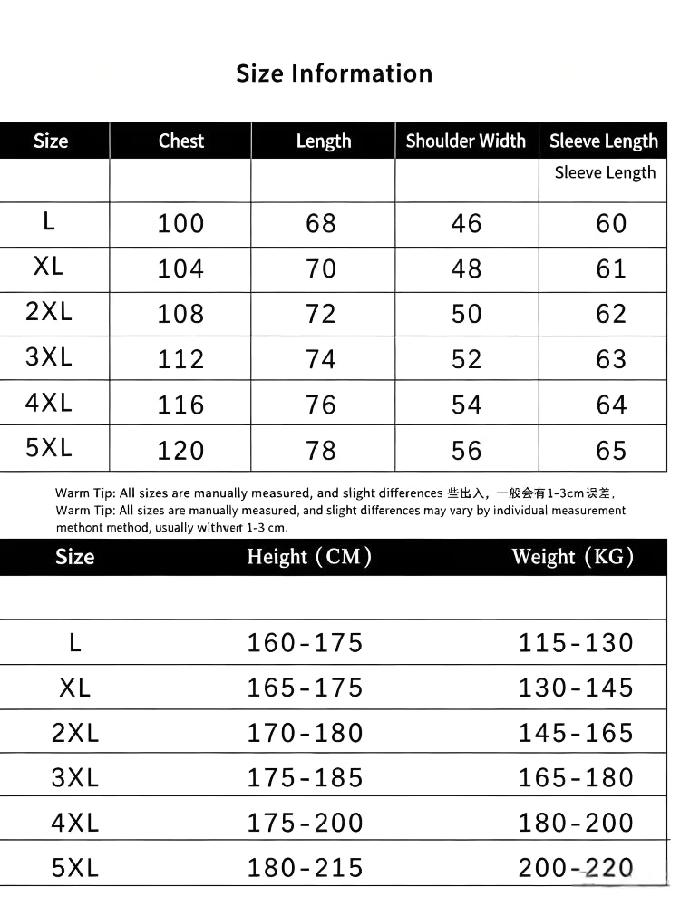 Size guide for Men’s Long Sleeve Printed Polo Shirt