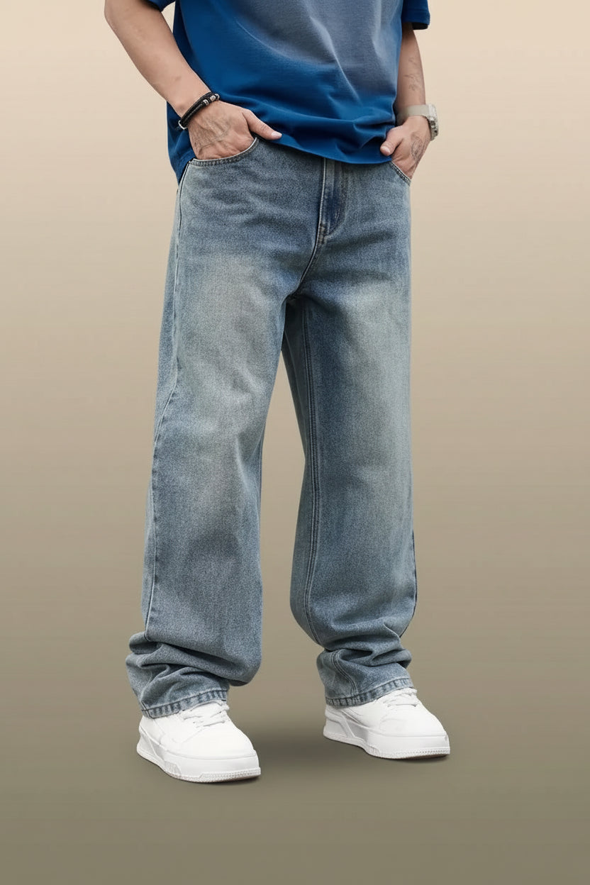 Men's light blue straight wash jeans