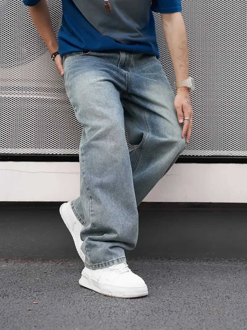 Men's light blue straight wash jeans