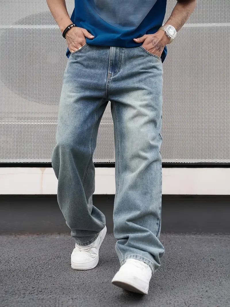 Men's light blue straight wash jeans