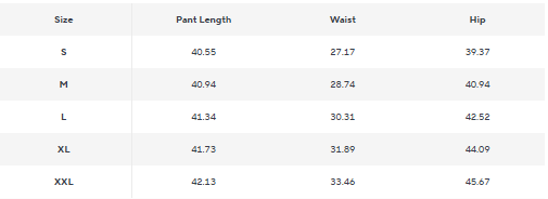 Size guide for Men's Pants Low Waist