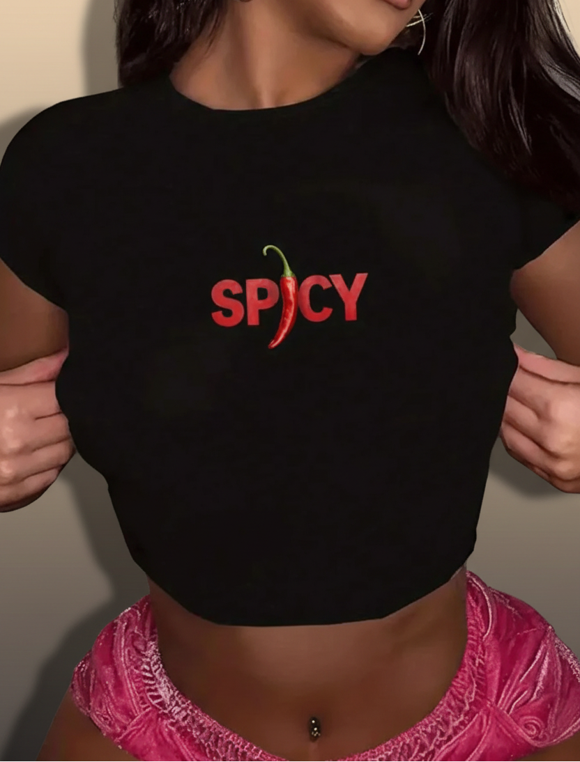 Women Spicy Chili Print Slim Fit Crop Top
