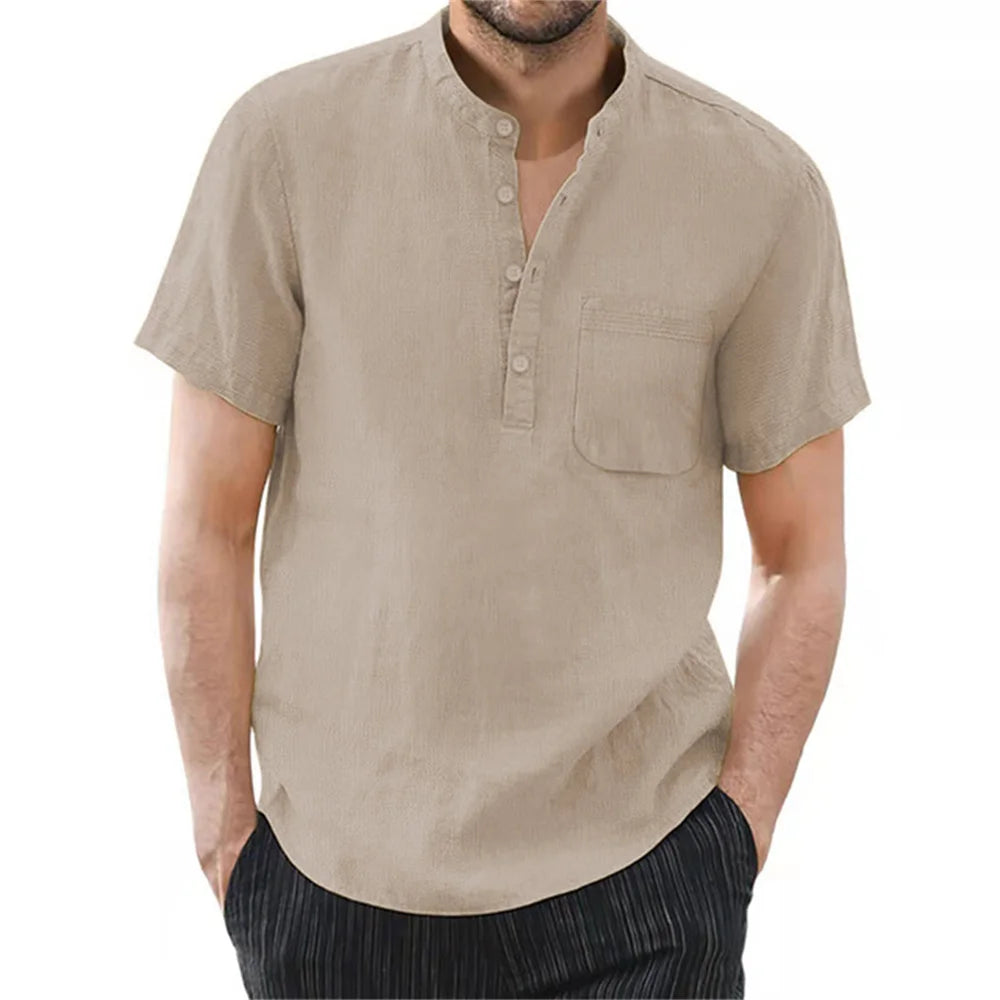 Men Linen Casual Short Sleeve T Shirt