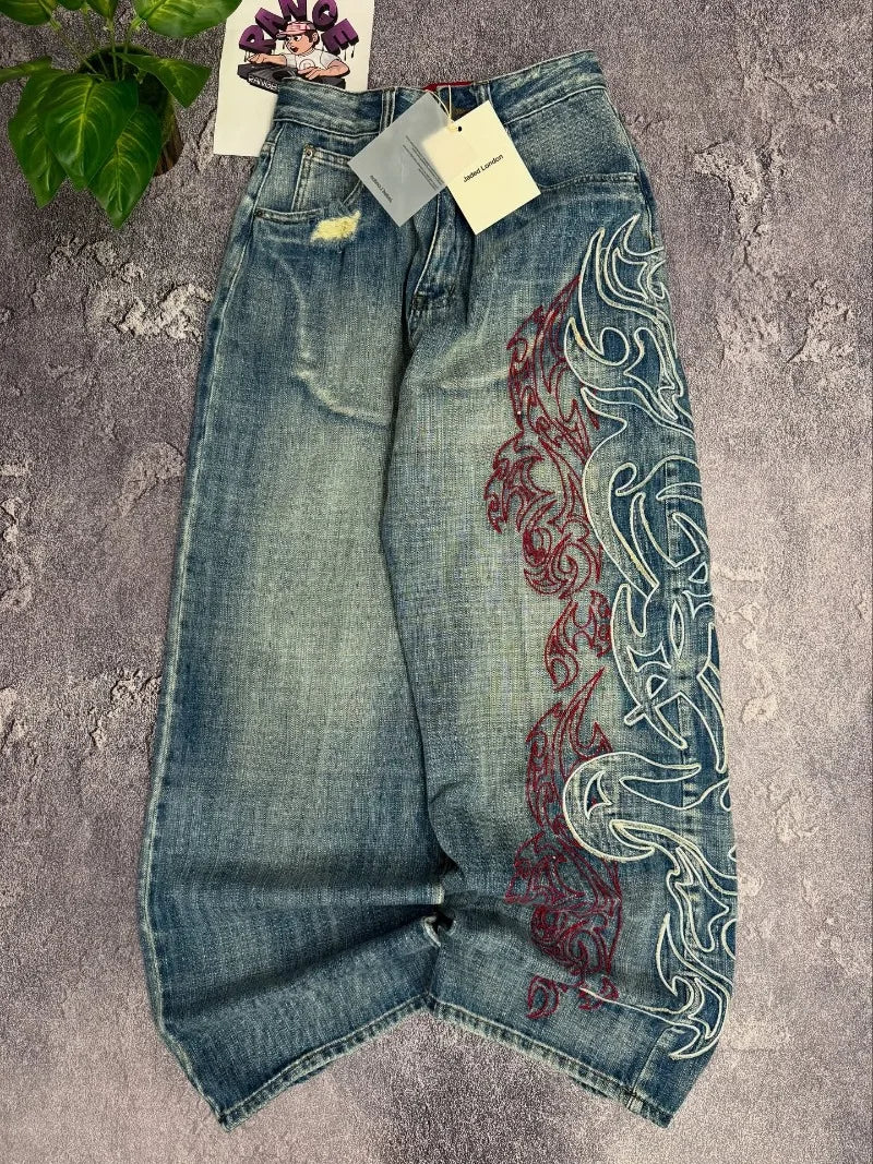Embroidered Wide Leg Baggy Jeans