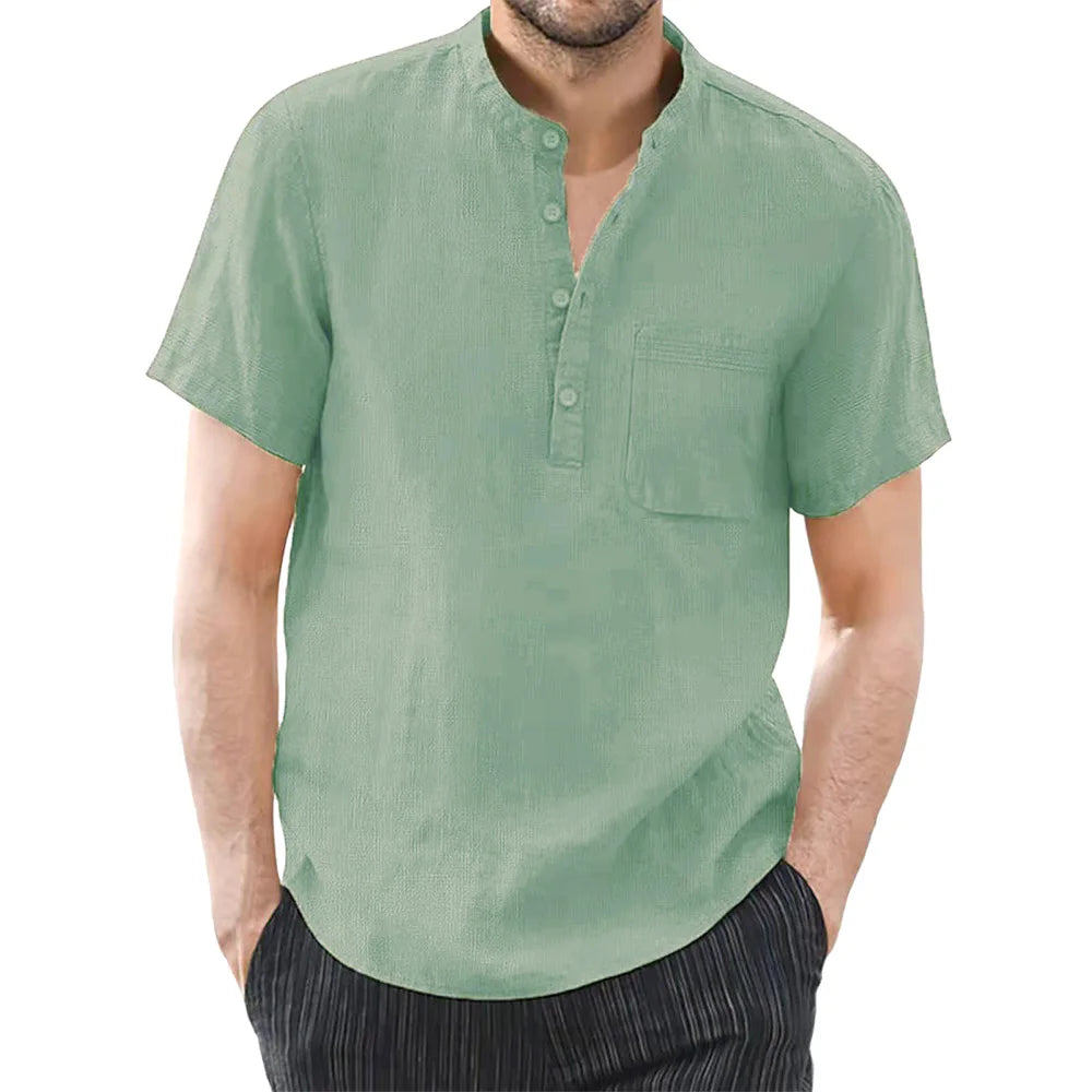 Men Linen Casual Short Sleeve T Shirt
