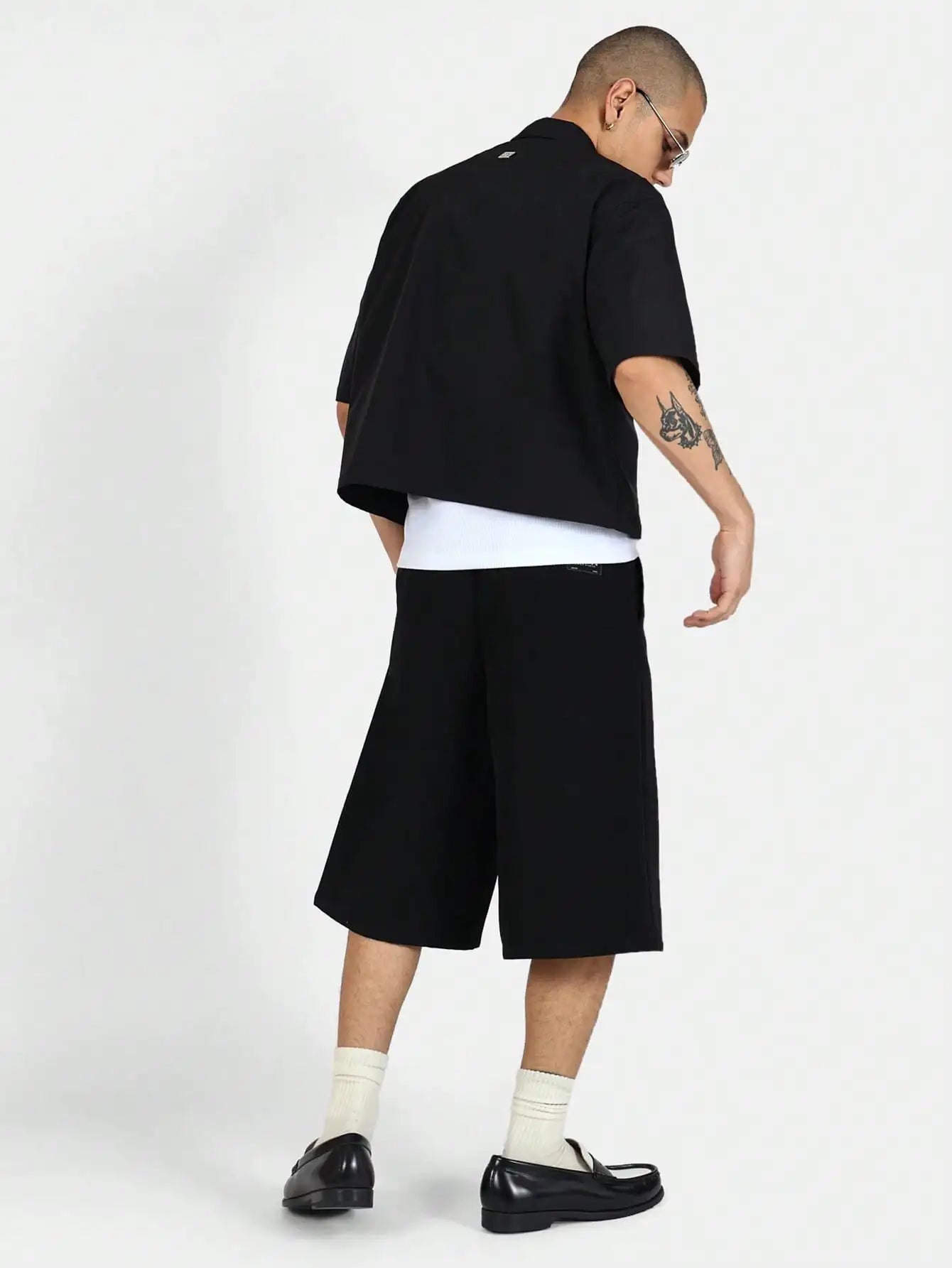 Men Black Button Down Crop shirt