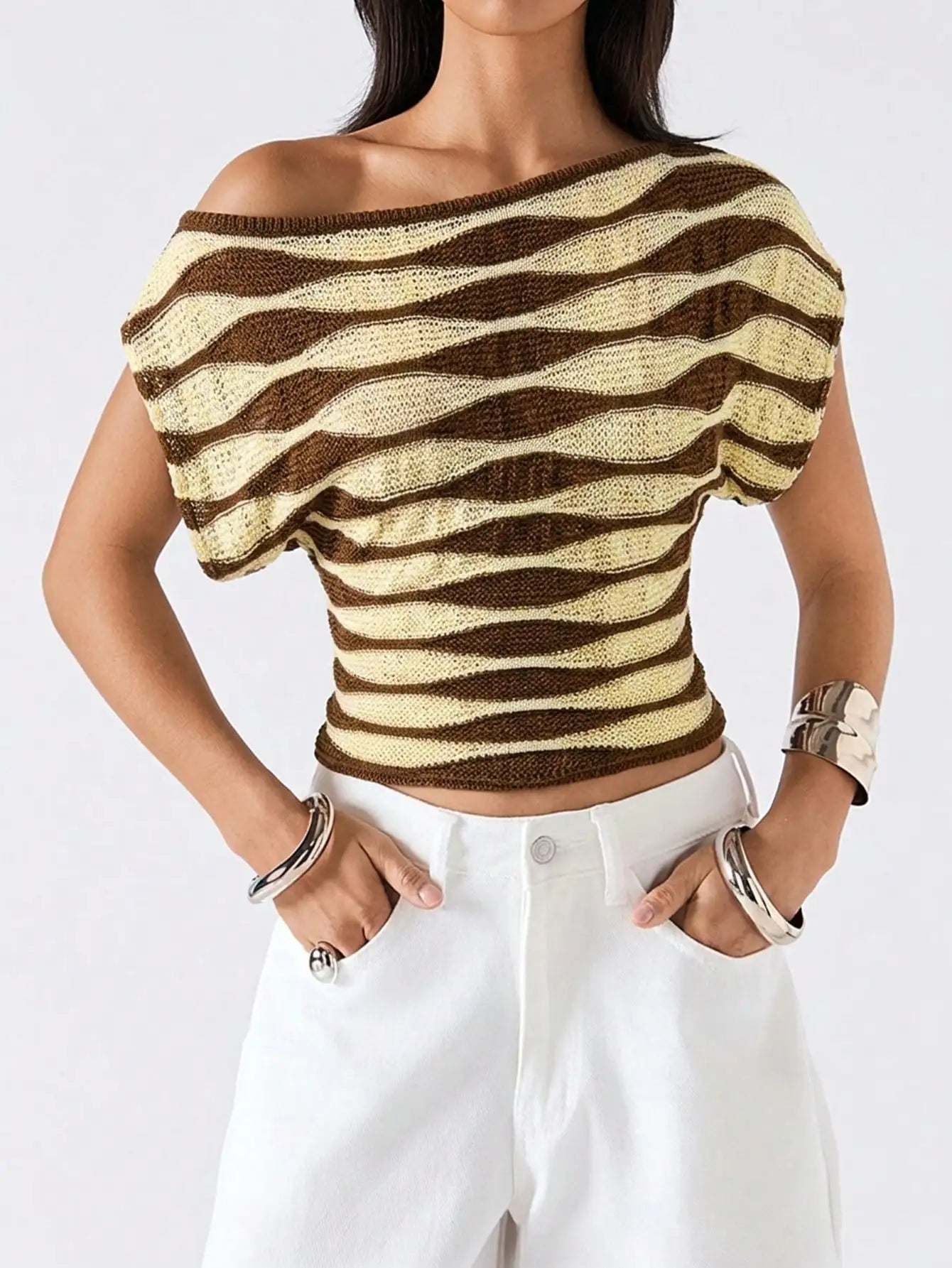 Women's Off Shoulder Stripe Knit Crop Top