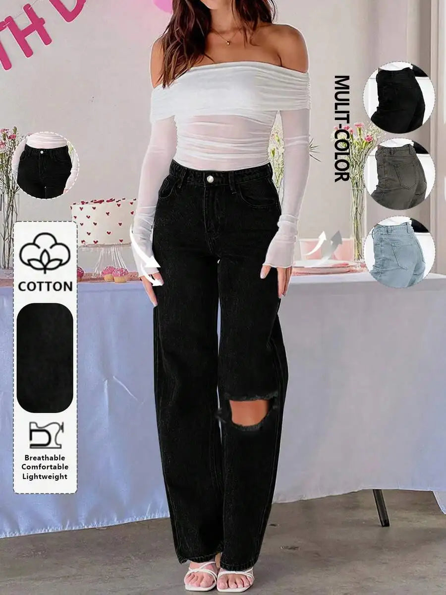 Women Y2K Ripped Straight Leg Jeans