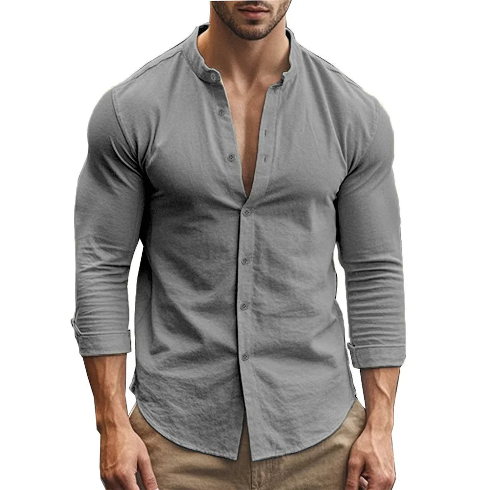 Men's Cotton Linen Slim Fit Henry Shirt