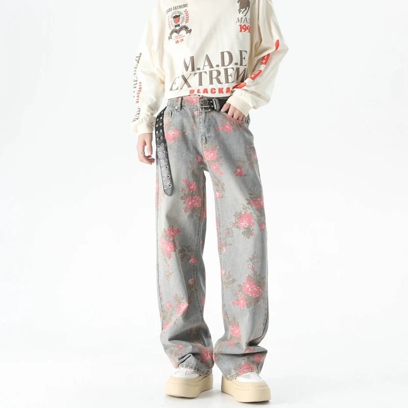 Autumn Flower Print Baggy Jeans
