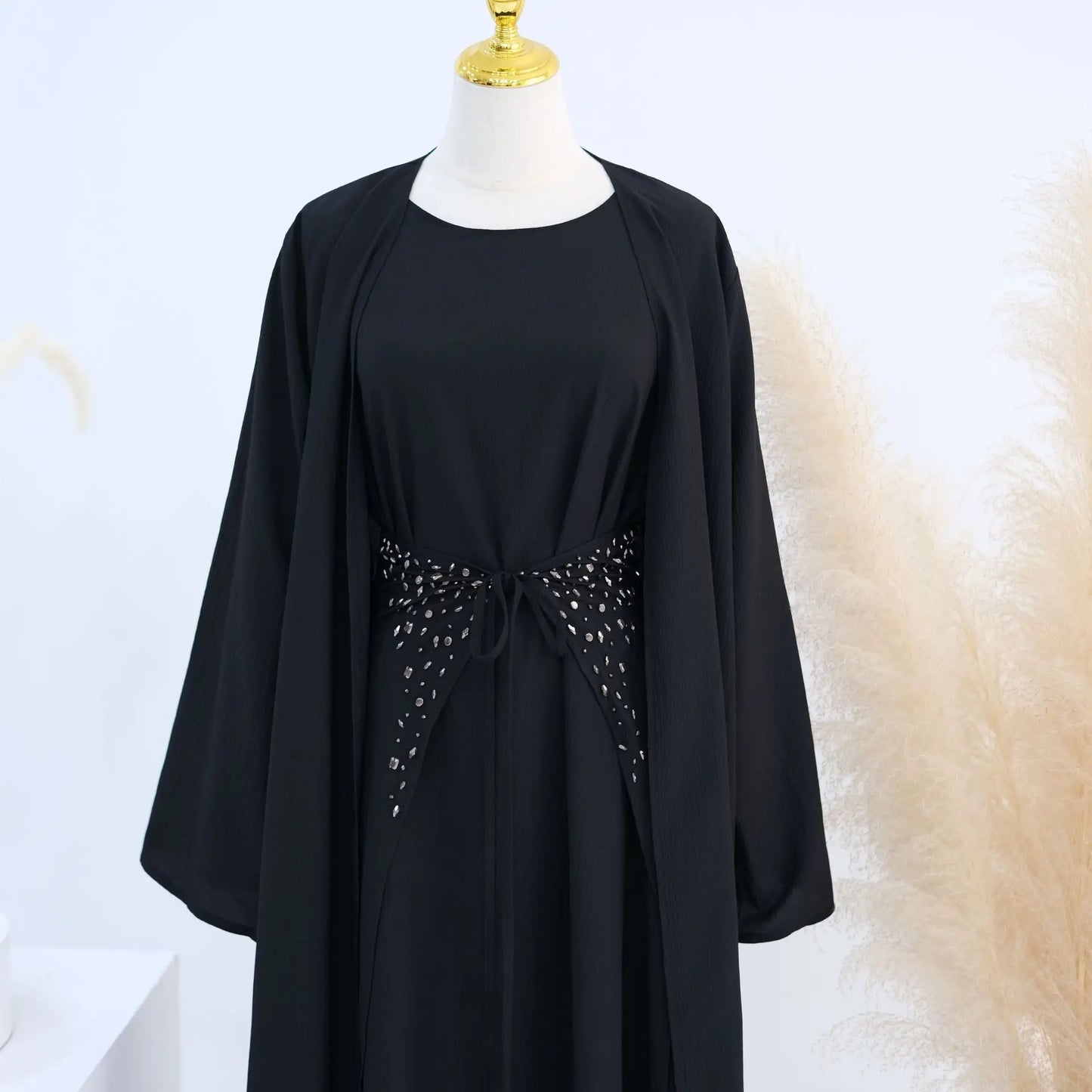 3-Piece Women’s Black Abaya Set with Hijab Modest Kaftan Robe