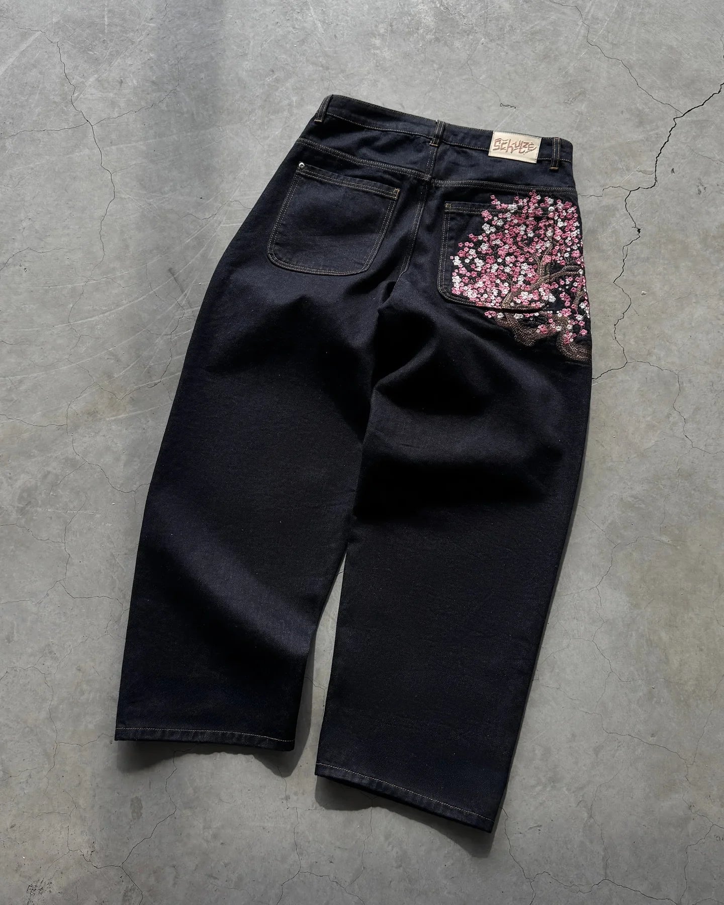 Y2K Cherry Blossom Embroidered Wide-Leg Jeans