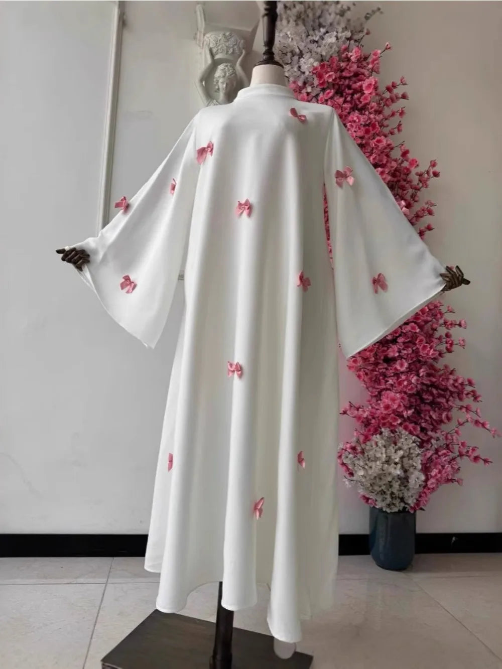 Women Bow Abaya Long Dress Ramadan Kaftan Moroccan Robe