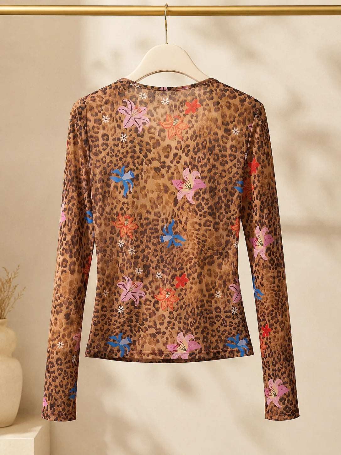 Women’s Leopard Print Mesh Bell Sleeve Top