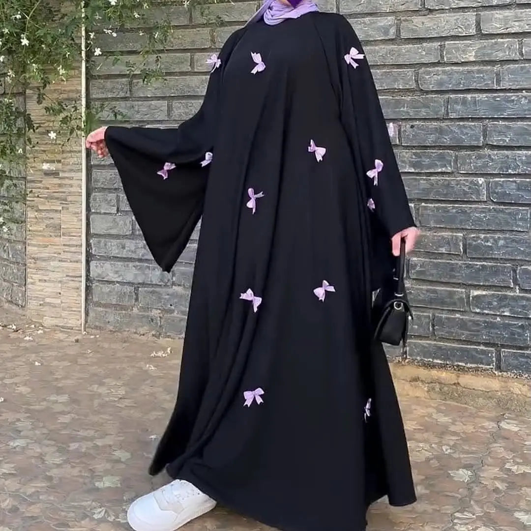Women Bow Abaya Long Dress Ramadan Kaftan Moroccan Robe