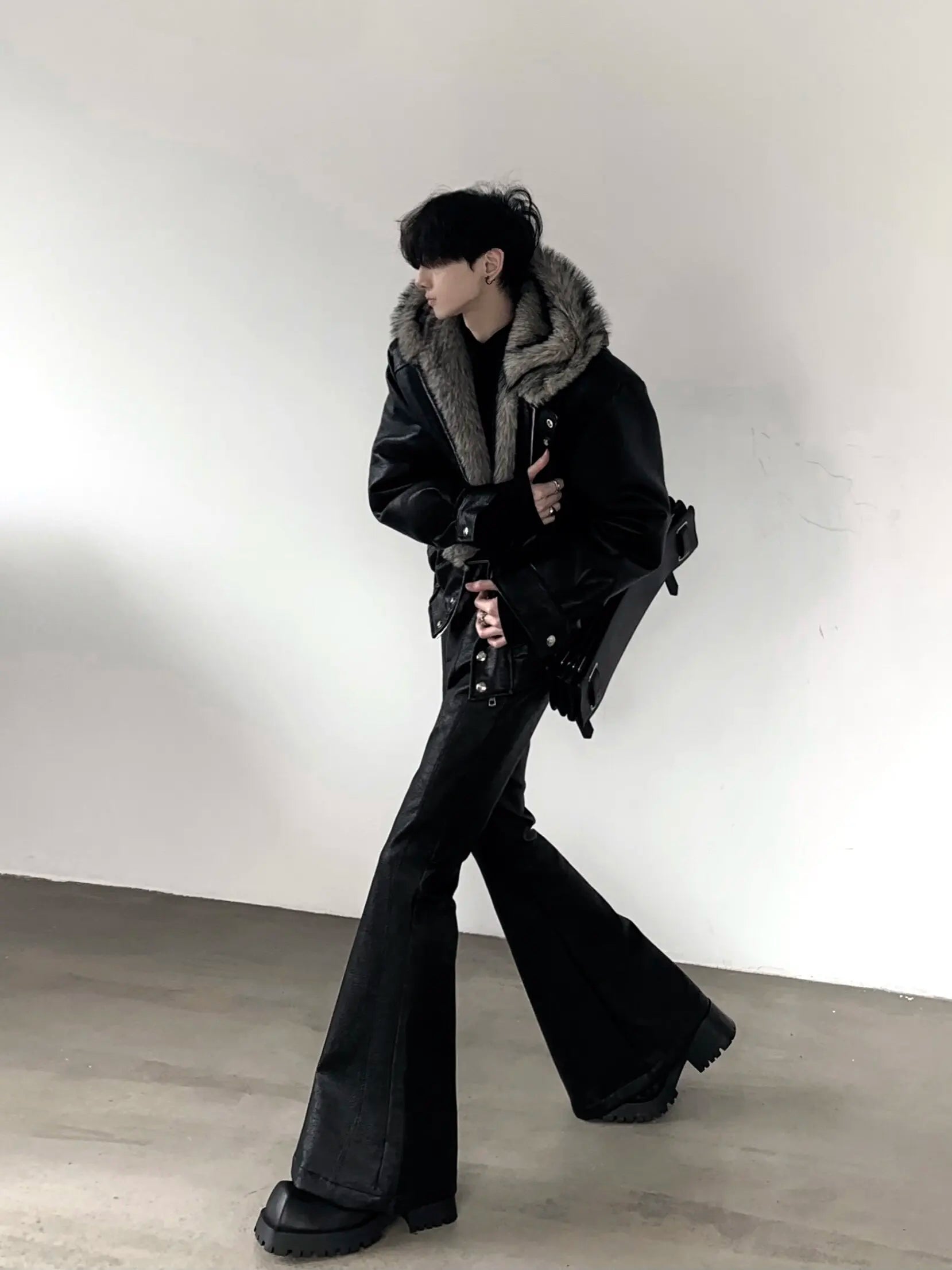 Men's Black PU Leather Flare Pants