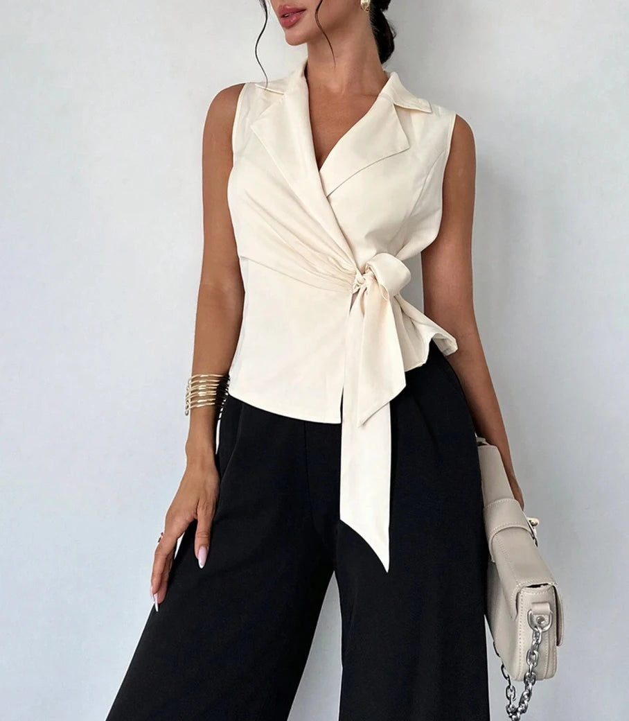 V-Neck Waist Belt Casual Top