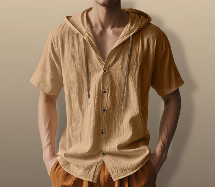Men Short Sleeve Hooded Button Shirt