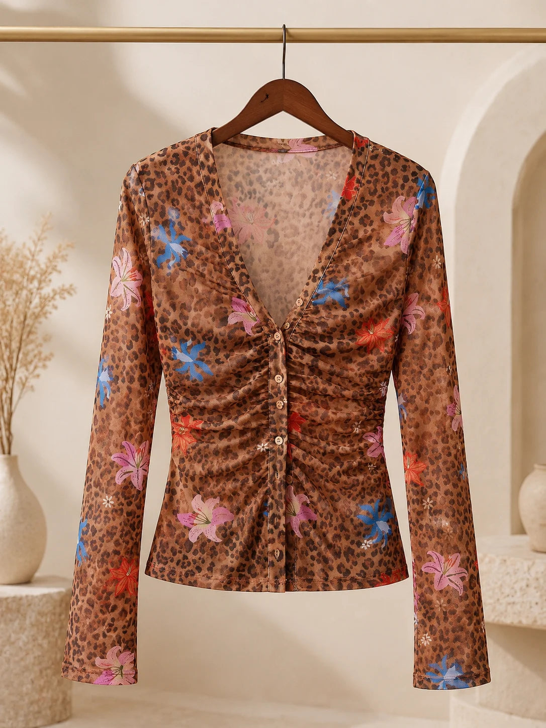 Women’s Leopard Print Mesh Bell Sleeve Top
