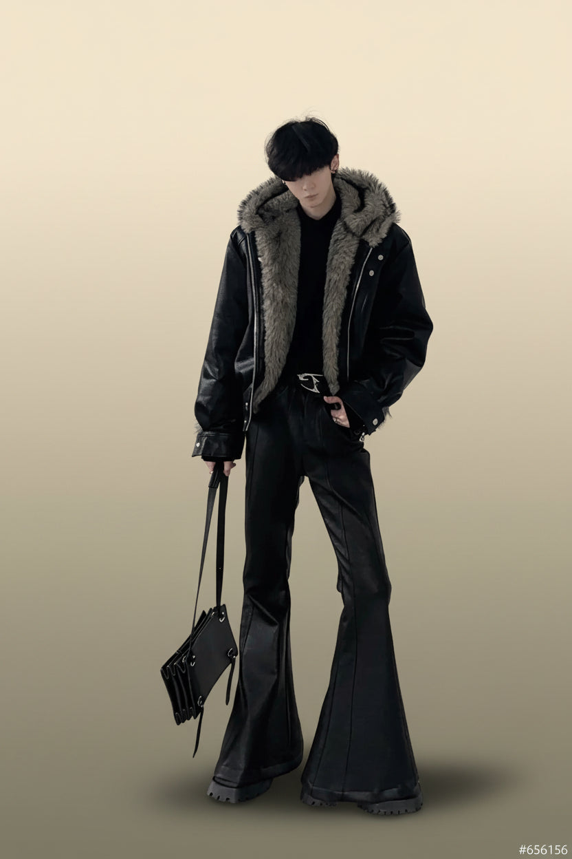 Men's Black PU Leather Flare Pants