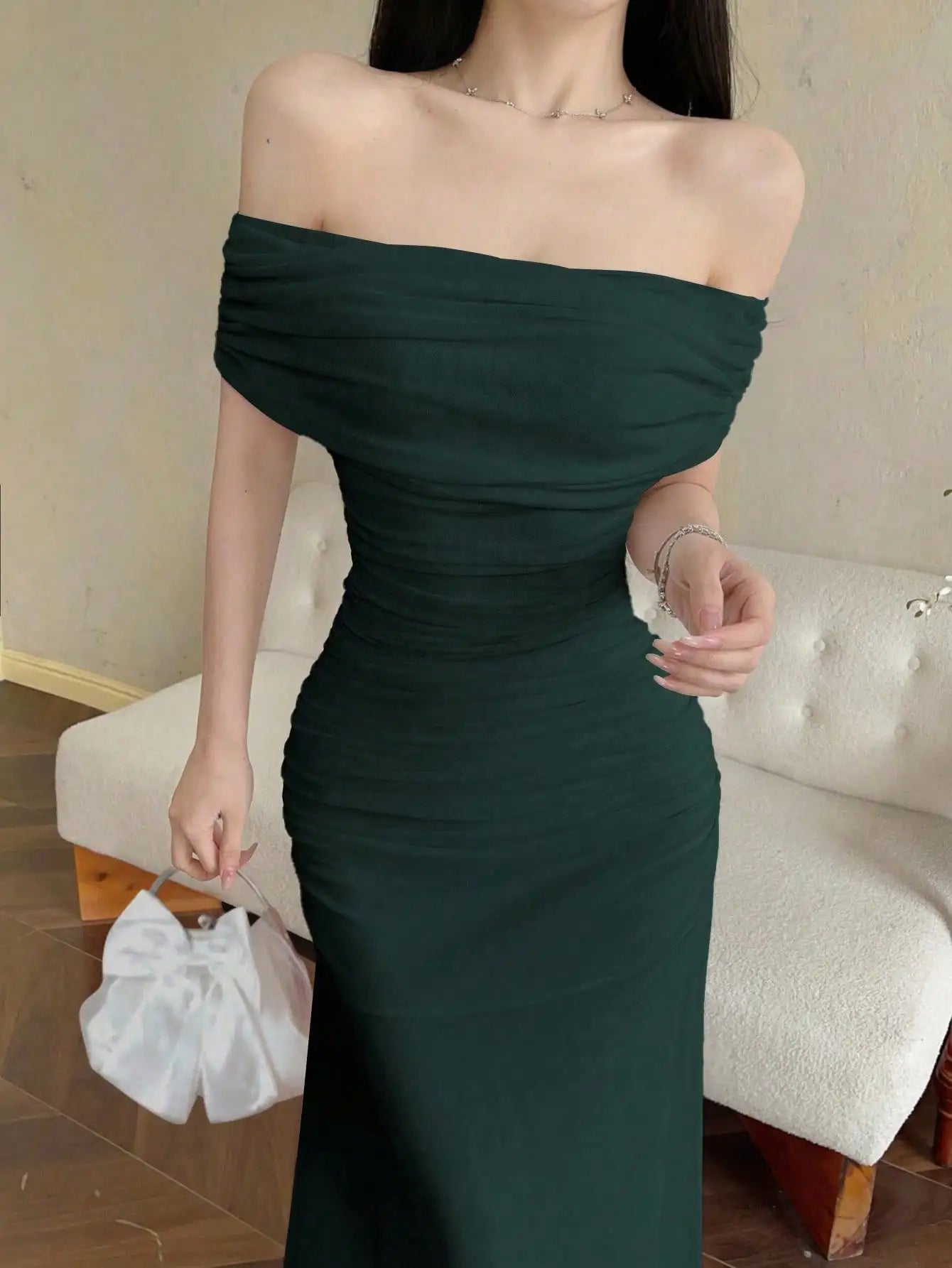 Off Shoulder Ruched Waist Maxi Dress