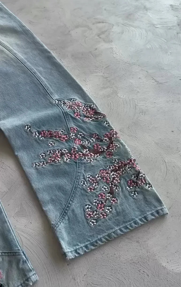 Y2K Cherry Blossom Embroidered Wide-Leg Jeans