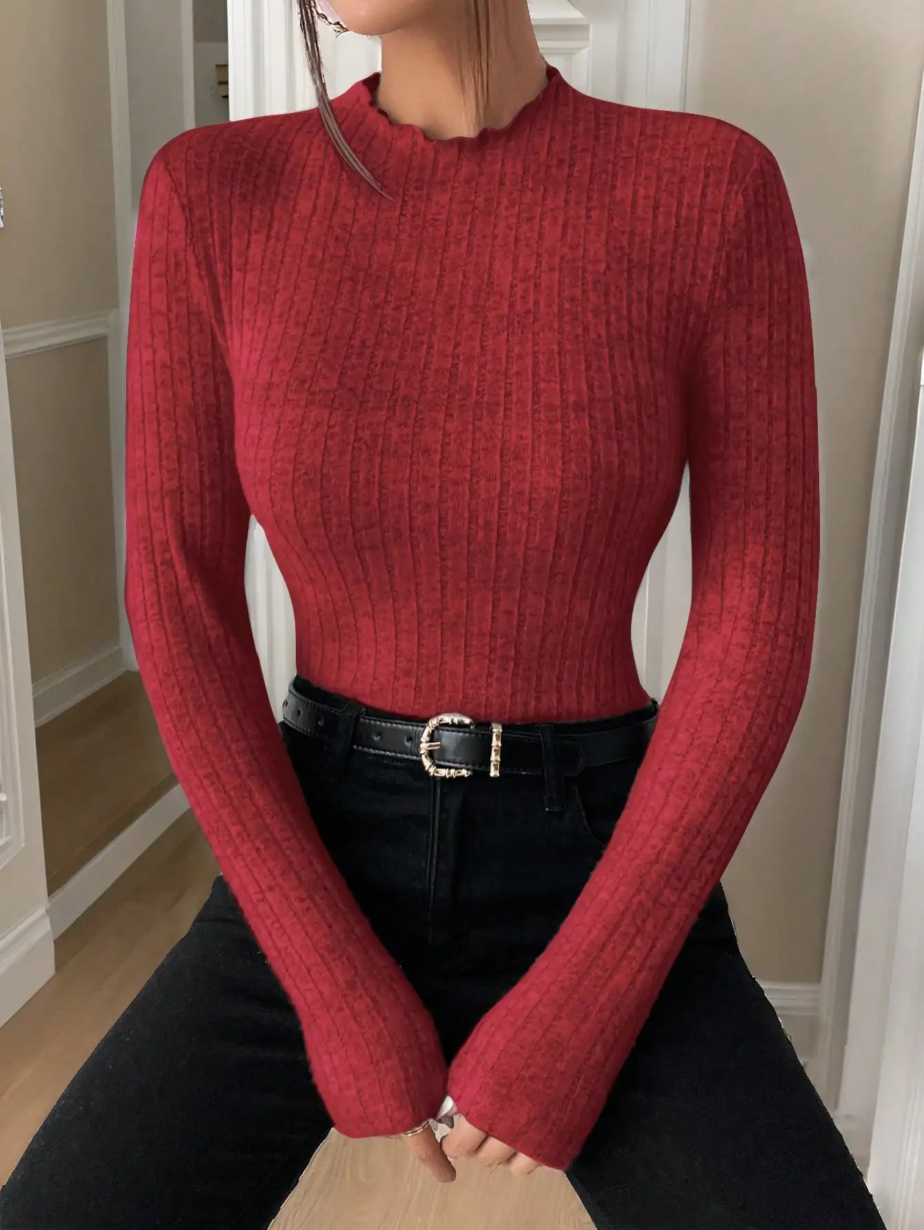 Ruffle Neck Knit Top
