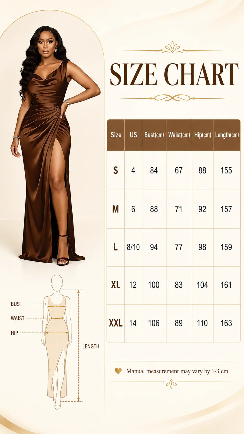 Size guide for Chocolate Brown Mermaid Maxi Dress