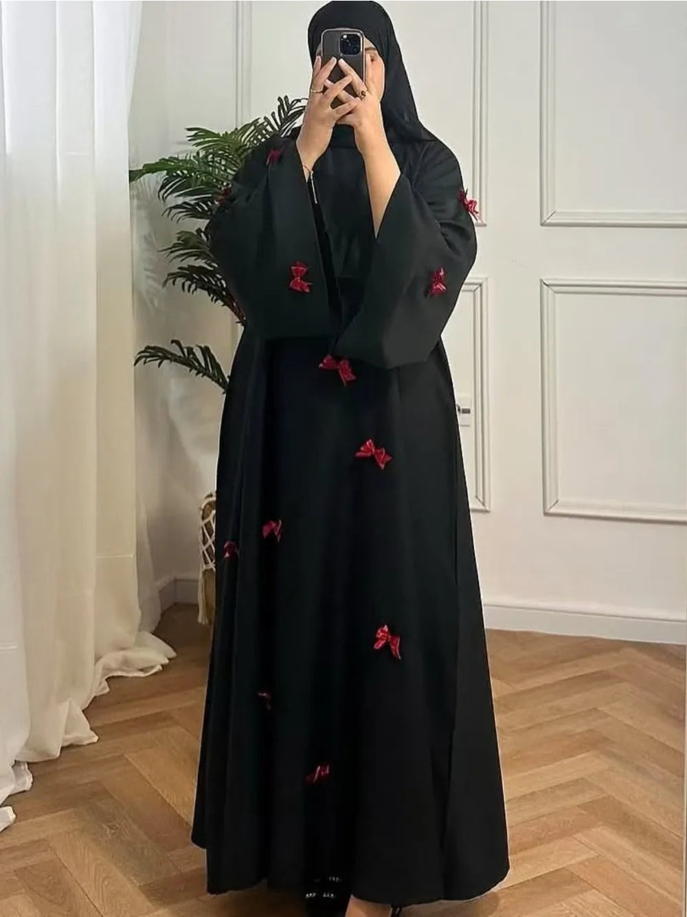 Women Bow Abaya Long Dress Ramadan Kaftan Moroccan Robe