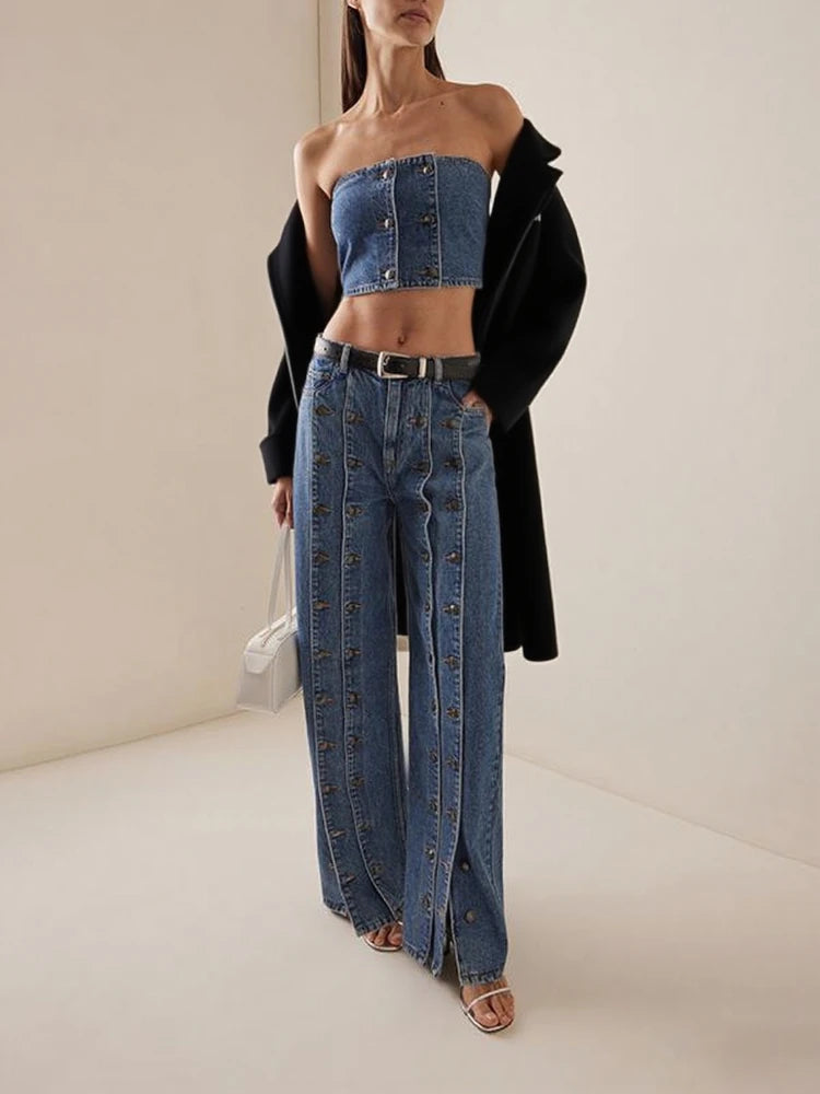 Women Vintage Button Fly Denim Jeans