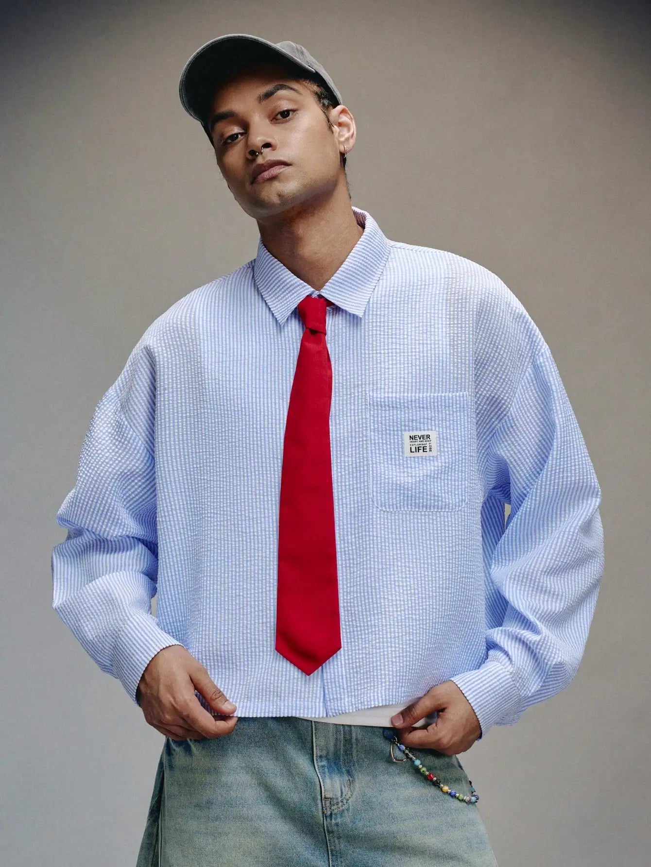 Men 90s Retro Striped Shirt with Tie