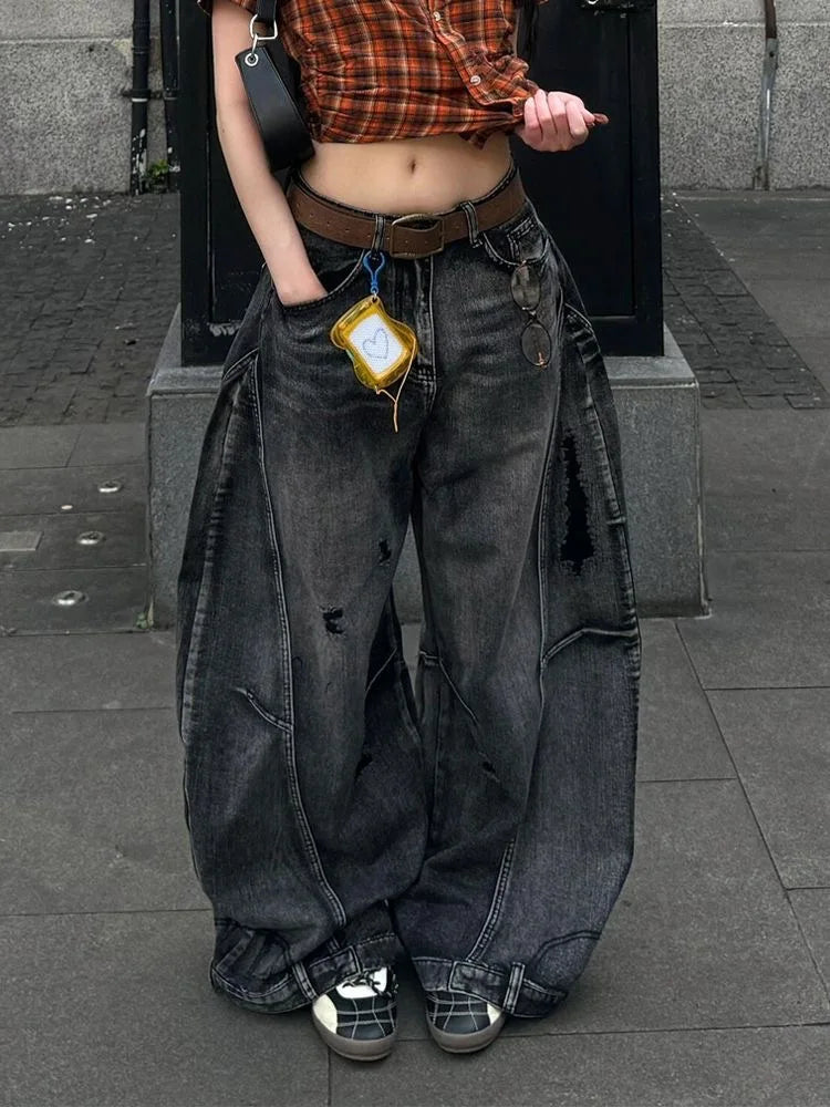 Women Vintage Black Cargo Jeans