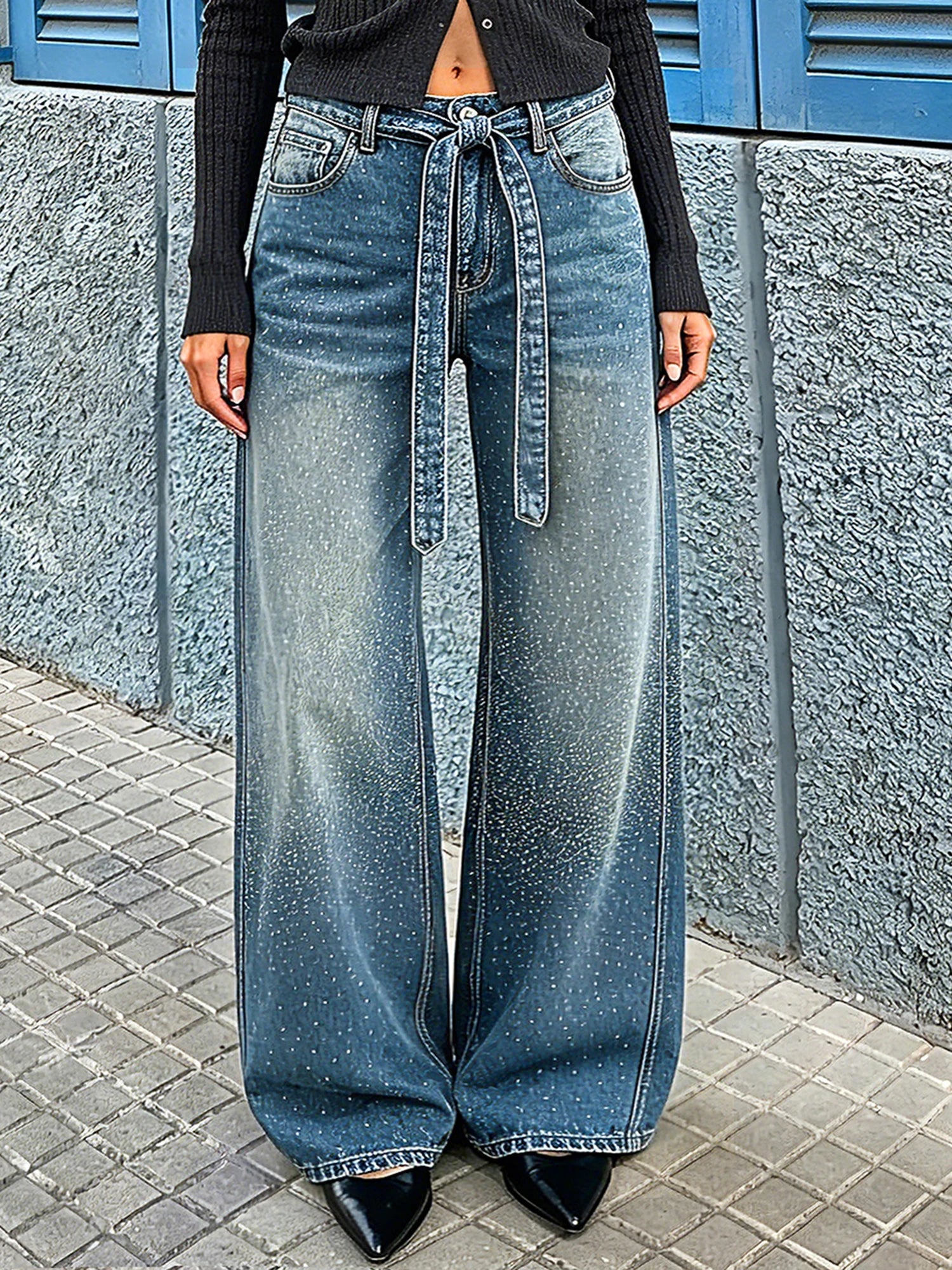 Women Rhinestone High Waist Jeans