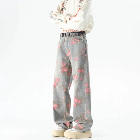 Autumn Flower Print Baggy Jeans