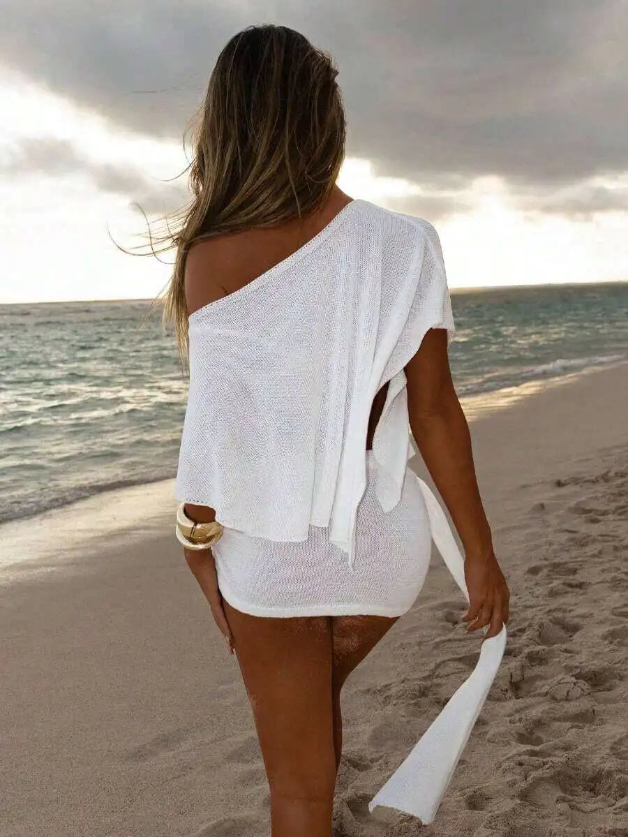 Women White Knitted Beach Cover Up Top