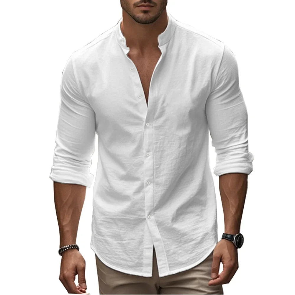 Men's Cotton Linen Slim Fit Henry Shirt