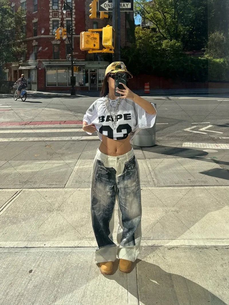 Retro Print High Waist White Jeans